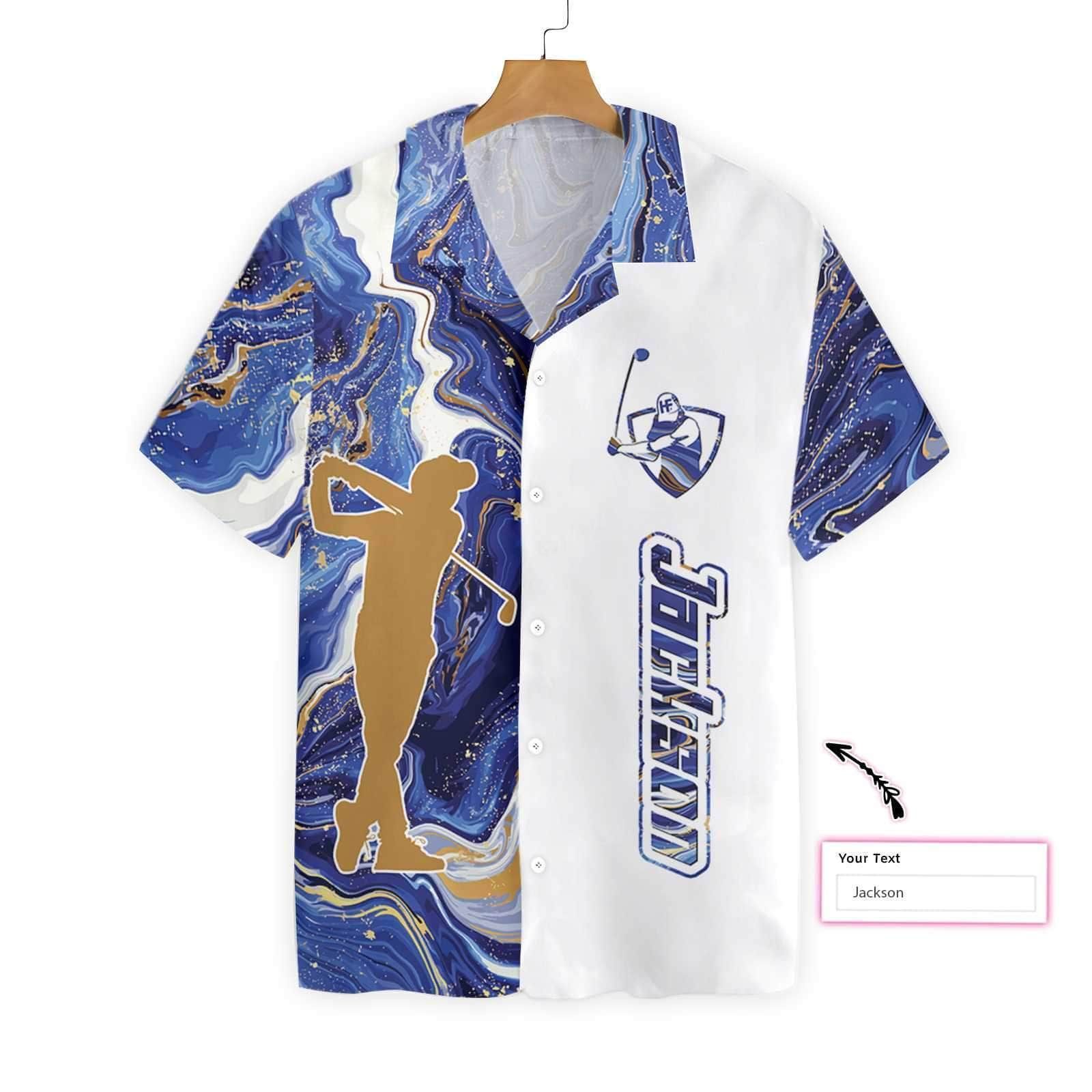 Felacia [Hawaii Shirt] Personalized Name Blue Marble And Gold Silhouette Golfer Hawaiian Aloha Shirts-ZX3183